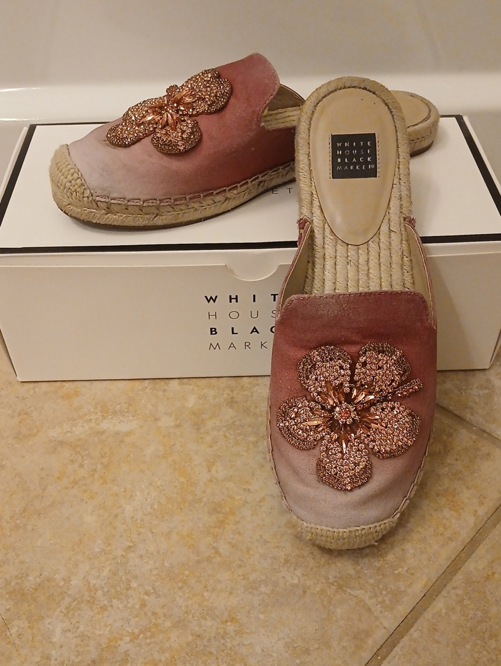 White House Black Market Pink Ombre Beaded Floral Slip-On Mules